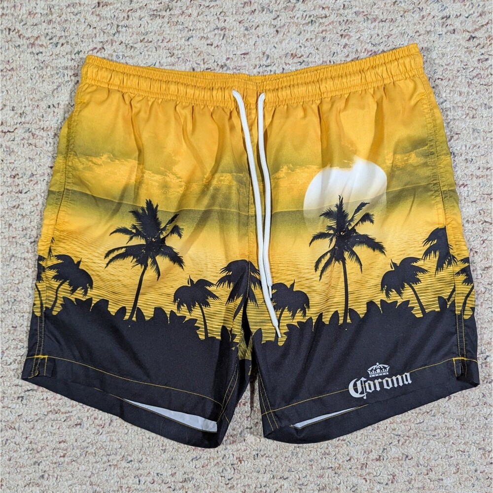 Corona Swim Trunks Men Large Gold/Black Tropical Palm Trees Lined Drawstring
